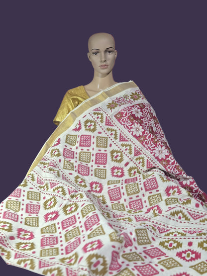 Printed Cotton Saree 100% Pure Cotton Saree Buy from USA  –  Buy Onam Saree online- Red Floral Print Cotton Saree