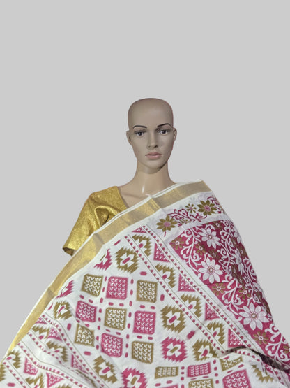 Printed Cotton Saree 100% Pure Cotton Saree Buy from USA  –  Buy Onam Saree online- Red Floral Print Cotton Saree