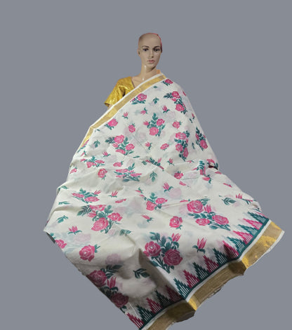Traditional Indian Saree USA | Pure Cotton Sarees Buy from USA  –  Buy Onam Saree Online | Rose Print Saree