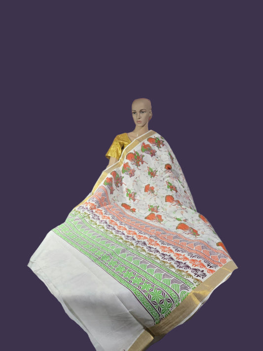 Radha Krishna Print Cotton Saree Buy Online | Pure Cotton Sarees Buy from USA  – Pure cotton saree with blouse | Radha Krishna Print