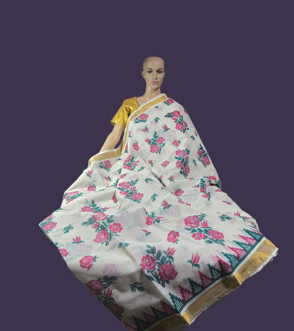 Traditional Indian Saree USA | Pure Cotton Sarees Buy from USA  –  Buy Onam Saree Online | Rose Print Saree