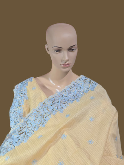 Ships from USA Exclusive Semi Jute Silk Saree with White Cutwork Border & Matching Blouse | Yellow Saree with blouse buy from USA