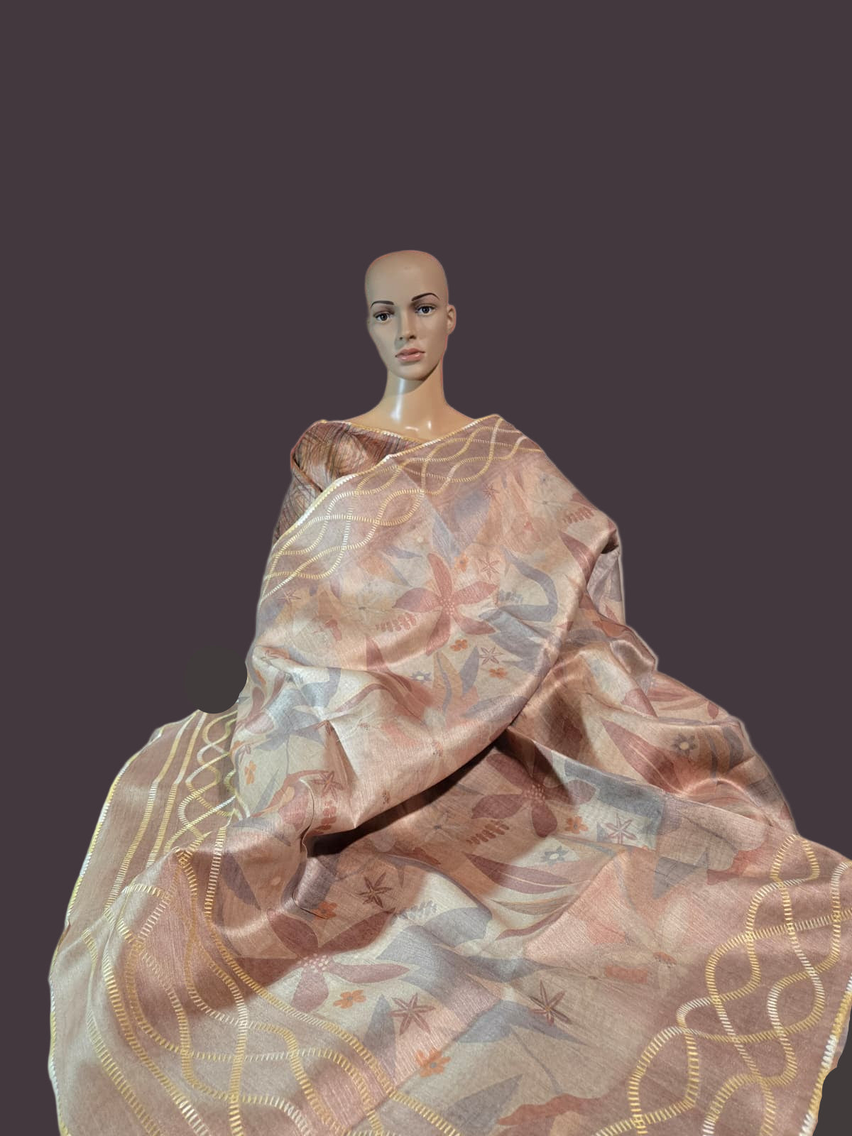 USA Shipping Buy Biscuit Color Semi-Silk Saree with Digital Print & Beautiful Crochet Border