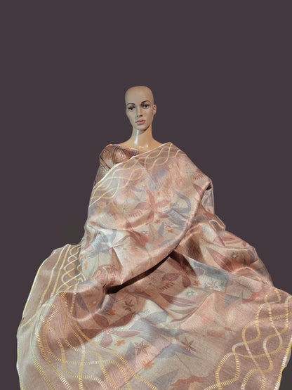 USA Shipping Buy Biscuit Color Semi-Silk Saree with Digital Print & Beautiful Crochet Border