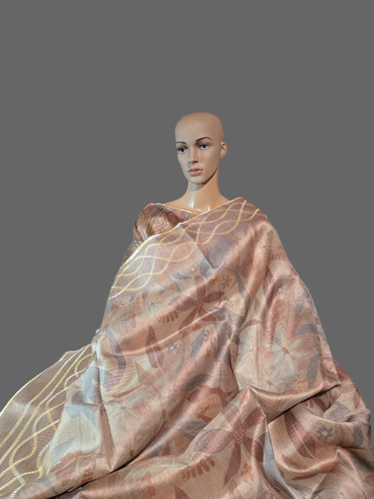 USA Shipping Buy Biscuit Color Semi-Silk Saree with Digital Print & Beautiful Crochet Border