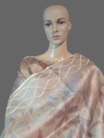USA Shipping Buy Biscuit Color Semi-Silk Saree with Digital Print & Beautiful Crochet Border