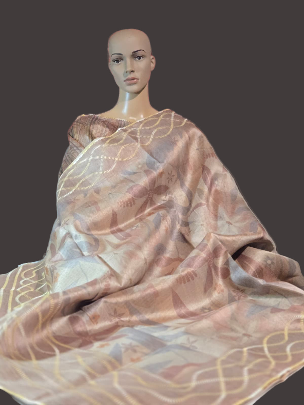 USA Shipping Buy Biscuit Color Semi-Silk Saree with Digital Print & Beautiful Crochet Border