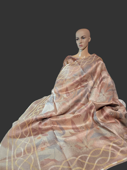 USA Shipping Buy Biscuit Color Semi-Silk Saree with Digital Print & Beautiful Crochet Border