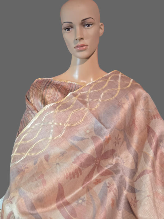 USA Shipping Buy Biscuit Color Semi-Silk Saree with Digital Print & Beautiful Crochet Border