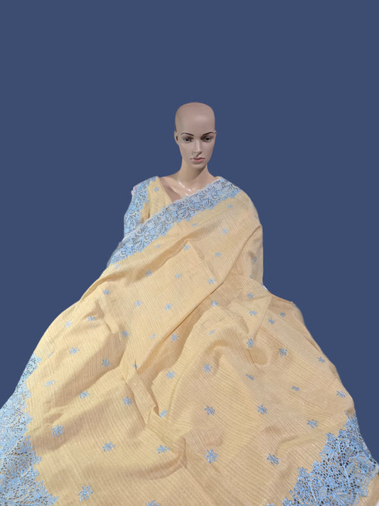 Ships from USA Exclusive Semi Jute Silk Saree with White Cutwork Border & Matching Blouse | Yellow Saree with blouse buy from USA