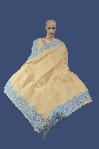 Ships from USA Exclusive Semi Jute Silk Saree with White Cutwork Border & Matching Blouse | Yellow Saree with blouse buy from USA
