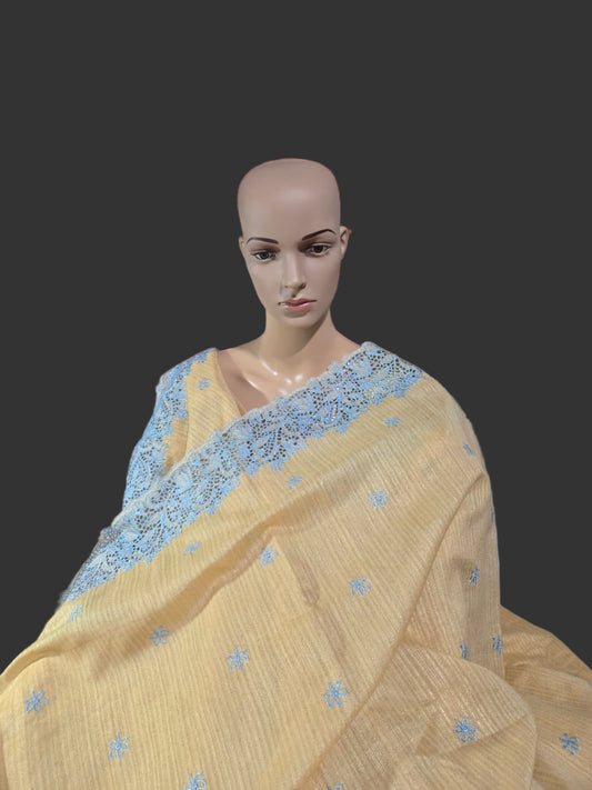 Ships from USA Exclusive Semi Jute Silk Saree with White Cutwork Border & Matching Blouse | Yellow Saree with blouse buy from USA