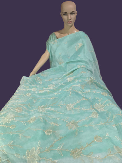 Exclusive Silk Saree Appliqué Work – Buy Silky Kotta Saree with Thread Work & Chanderi Blouse – Ships from USA- Green