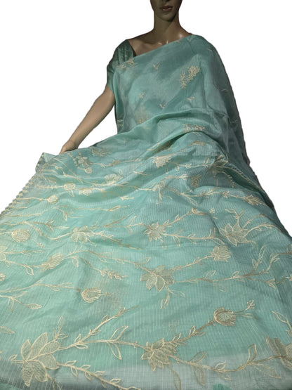 Exclusive Silk Saree Appliqué Work – Buy Silky Kotta Saree with Thread Work & Chanderi Blouse – Ships from USA- Green