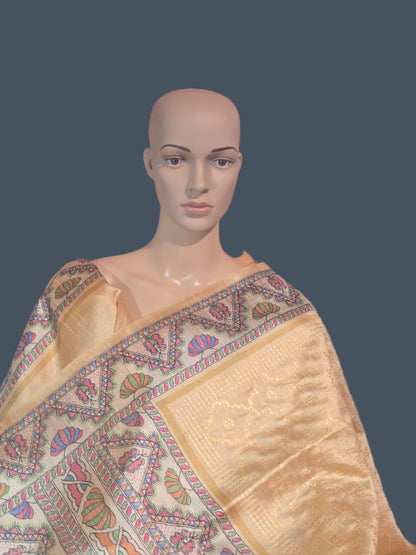 Tusser Silk Saree Madhubani Print Border  in Sandal & Beige with Allover Zari Weaving and – Handcrafted Traditional Saree for Bridal & Festive Occasions