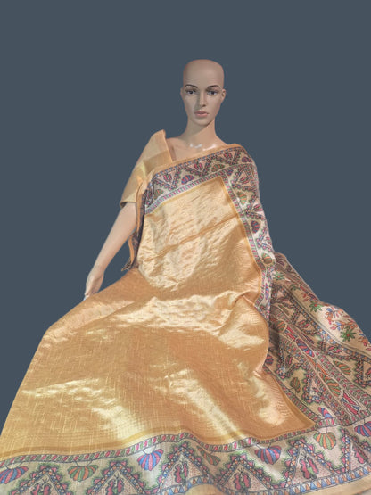 Tusser Silk Saree Madhubani Print Border  in Sandal & Beige with Allover Zari Weaving and – Handcrafted Traditional Saree for Bridal & Festive Occasions