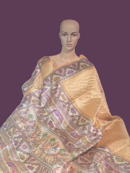 Tusser Silk Saree Madhubani Print Border  in Sandal & Beige with Allover Zari Weaving and – Handcrafted Traditional Saree for Bridal & Festive Occasions