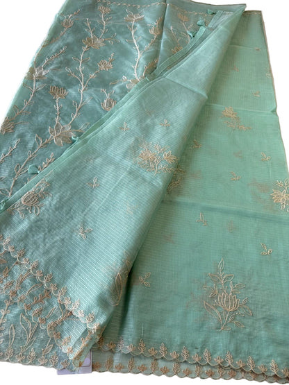 Exclusive Silk Saree Appliqué Work – Buy Silky Kotta Saree with Thread Work & Chanderi Blouse – Ships from USA- Green