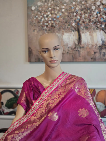 Russian Cotton Silk Weaving Saree with Rich Jari Pallu & Scalloped Embroidery Border -Majenta Rani Pink– Buy from USA