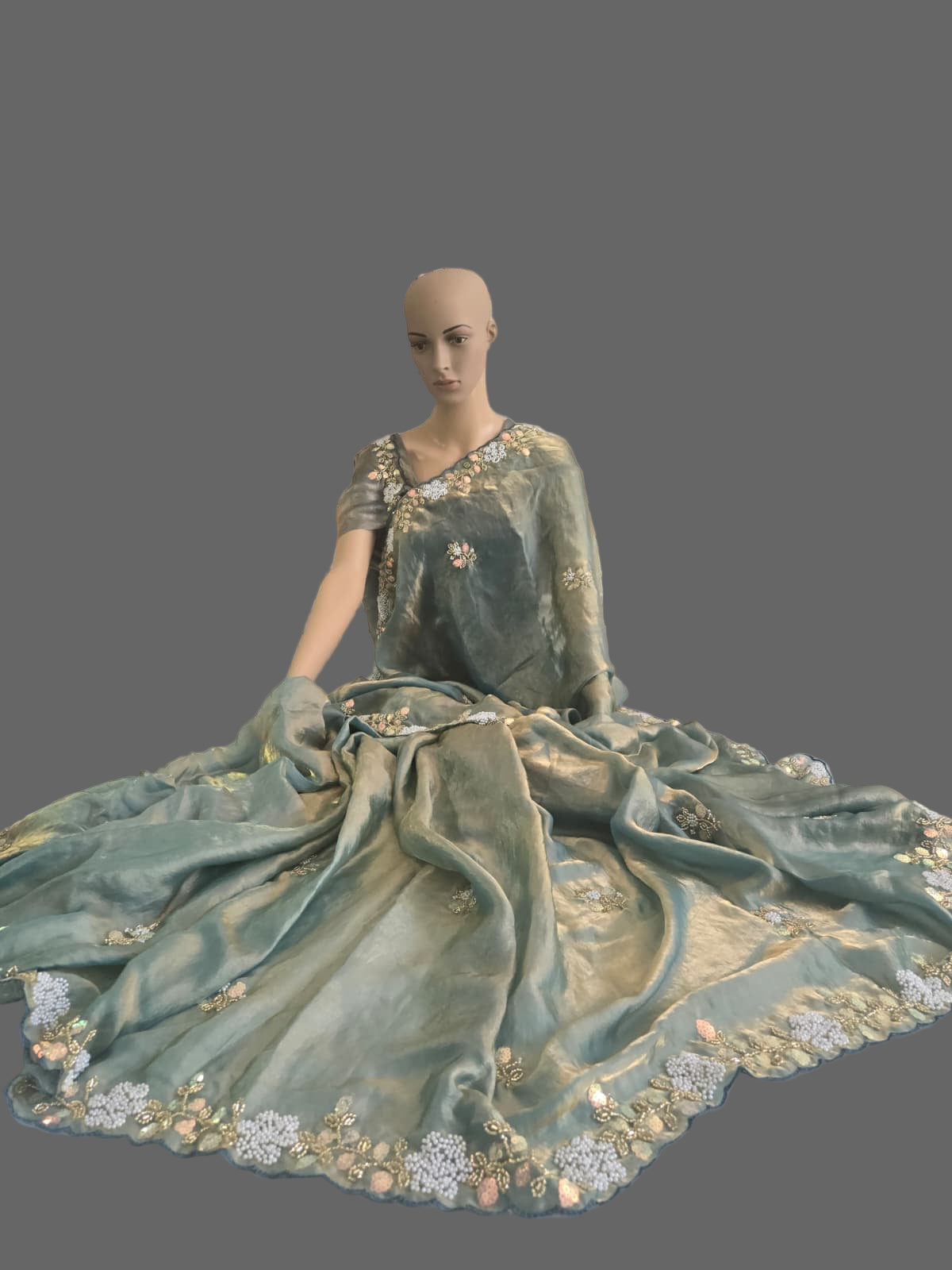 Premium Fancy Silk Saree with Sequin Brits Work & Arco Border Green– Buy from USA