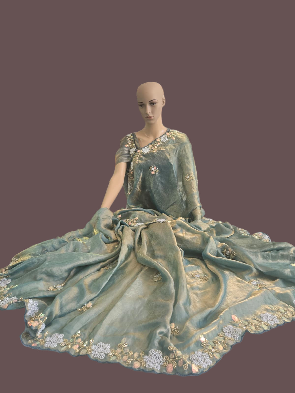 Premium Fancy Silk Saree with Sequin Brits Work & Arco Border Green– Buy from USA