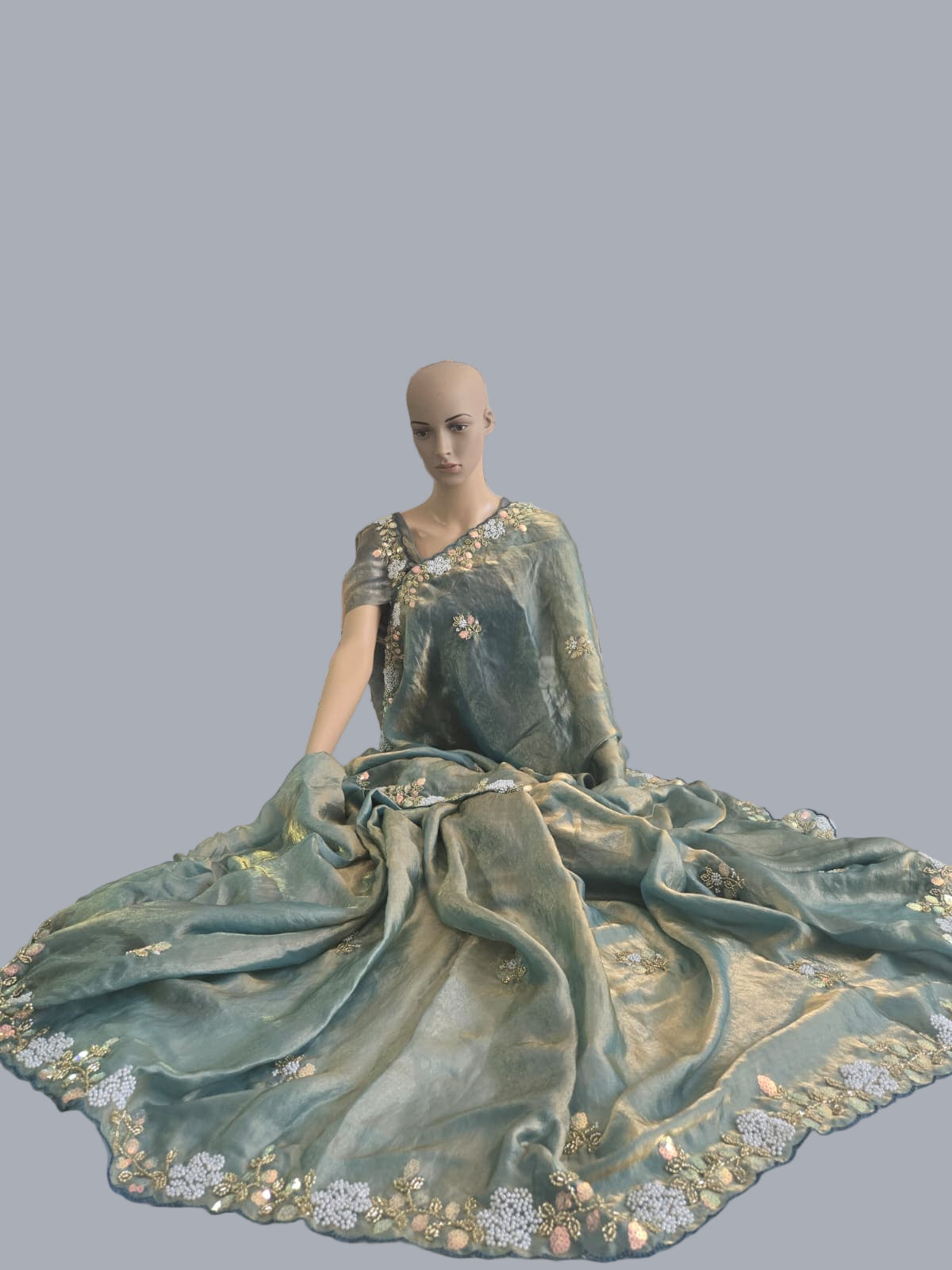 Premium Fancy Silk Saree with Sequin Brits Work & Arco Border Green– Buy from USA