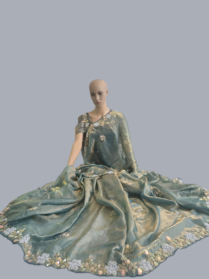 Premium Fancy Silk Saree with Sequin Brits Work & Arco Border Green– Buy from USA