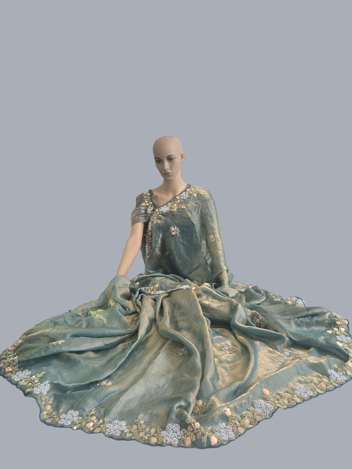 Premium Fancy Silk Saree with Sequin Brits Work & Arco Border Green– Buy from USA