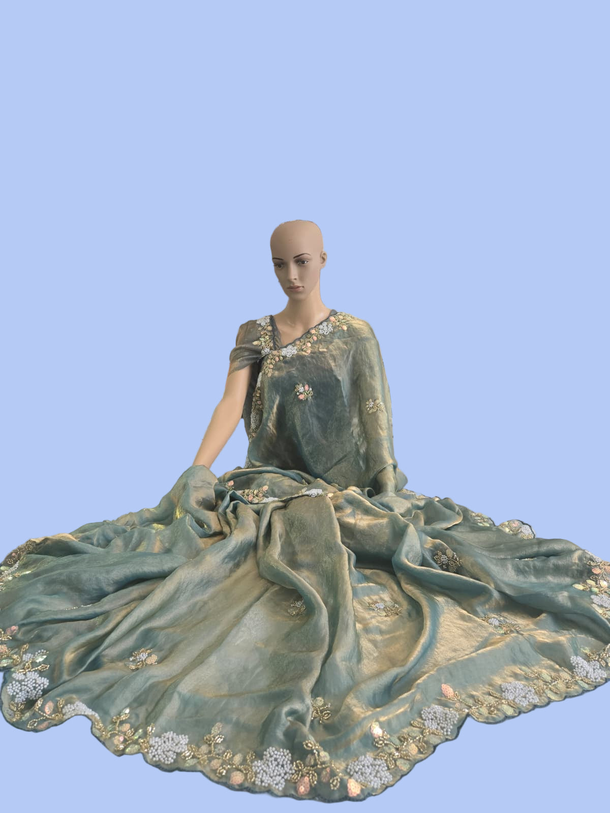 Premium Fancy Silk Saree with Sequin Brits Work & Arco Border Green– Buy from USA