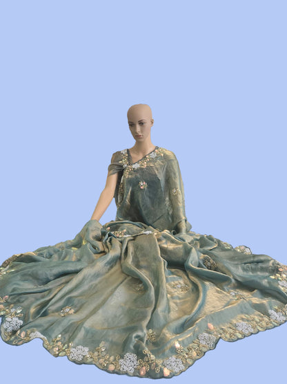 Premium Fancy Silk Saree with Sequin Brits Work & Arco Border Green– Buy from USA