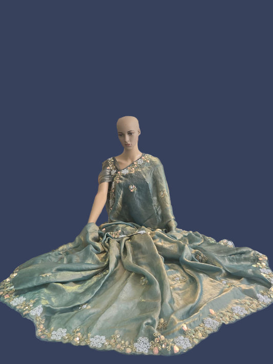 Premium Fancy Silk Saree with Sequin Brits Work & Arco Border Green– Buy from USA