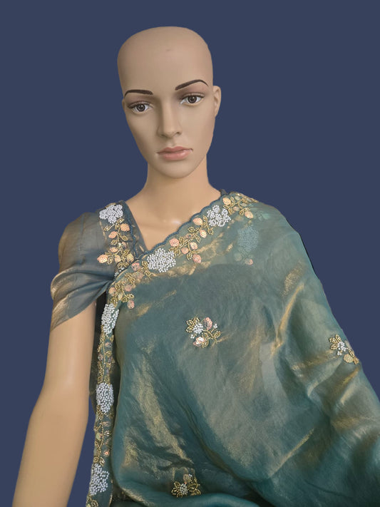 Premium Fancy Silk Saree with Sequin Brits Work & Arco Border Green– Buy from USA