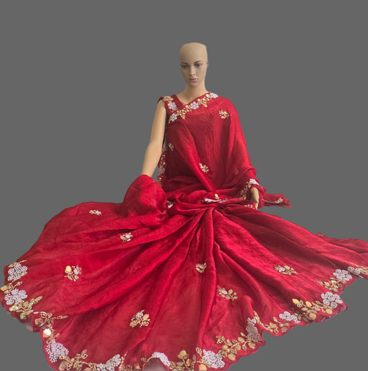 Premium Fancy Silk Saree with Sequin Brits Work & Arco Border Red– Buy from USA