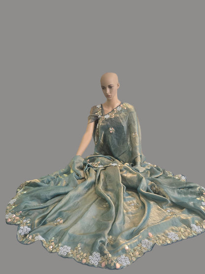 Premium Fancy Silk Saree with Sequin Brits Work & Arco Border Green– Buy from USA