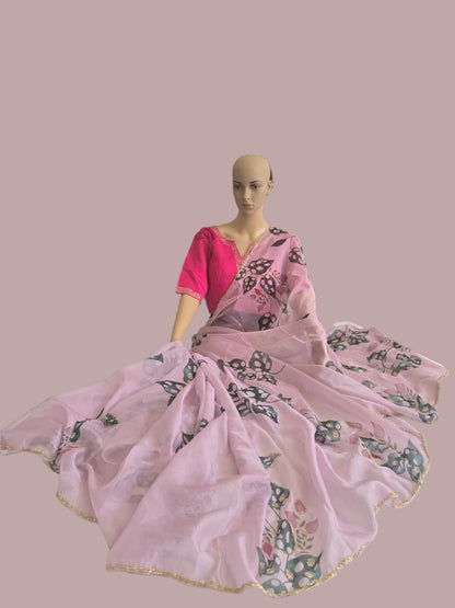Tebby Embroidery Silk Saree with Stitched Blouse Buy from USA with Floral Print & Handwork Khatli Cutdana Border