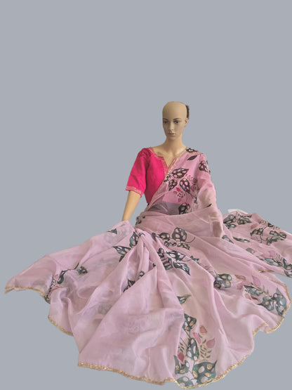 Tebby Embroidery Silk Saree with Stitched Blouse Buy from USA with Floral Print & Handwork Khatli Cutdana Border