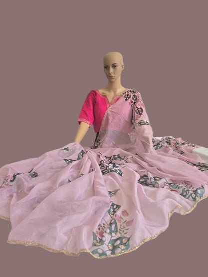 Tebby Embroidery Silk Saree with Stitched Blouse Buy from USA with Floral Print & Handwork Khatli Cutdana Border