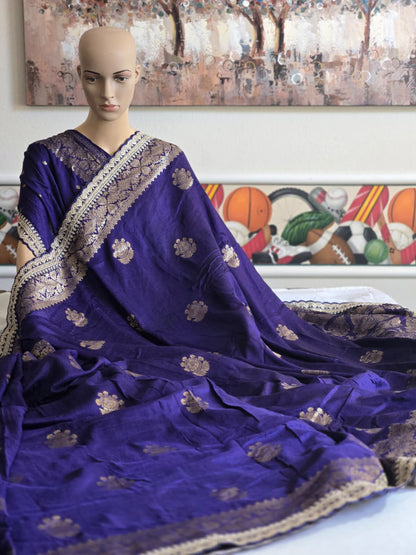 Russian Cotton Silk Weaving Saree with Rich Jari Pallu & Scalloped Embroidery Border - Navy Blue – Buy from USA