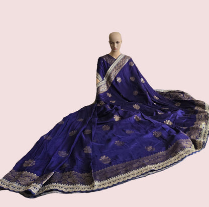 Russian Cotton Silk Weaving Saree with Rich Jari Pallu & Scalloped Embroidery Border - Navy Blue – Buy from USA
