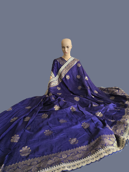 Russian Cotton Silk Weaving Saree with Rich Jari Pallu & Scalloped Embroidery Border - Navy Blue – Buy from USA