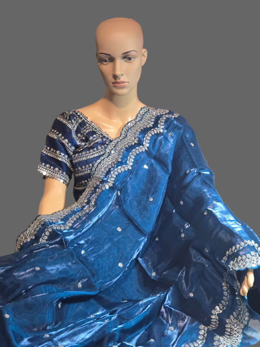 Pure Soft Zimmy Choo Silk Saree with Sequin Embroidery & Butta Work  Teal Blue– Stitched Blouse | Ships from USA