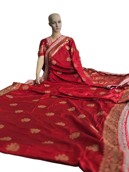 Premium Russian Cotton Silk Weaving Saree Scalloped Embroidery Border -Red– Buy from USA