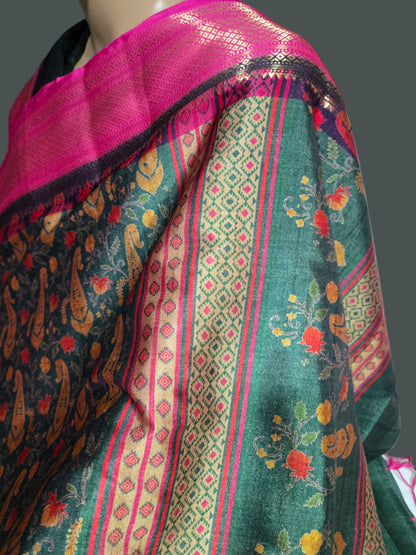Semi Kanchipuram Silk Saree with Allover Digital Prints & Zari Border | Elegant Soft Silk Saree for Weddings & Special Occasions