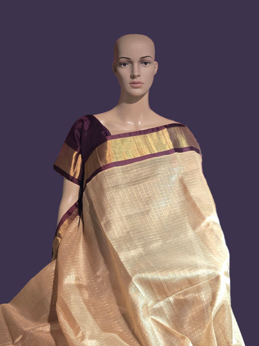 Pure Silk Handloom Saree with Stitched Blouse in Cream and Red Kasavu Border – Rich Traditional Attire for Festive Occasions
