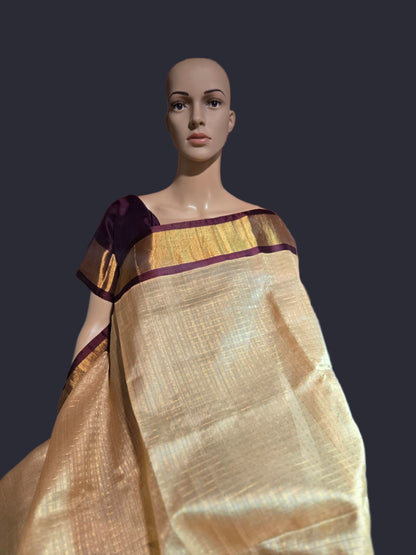 Pure Silk Handloom Saree with Stitched Blouse in Cream and Red Kasavu Border – Rich Traditional Attire for Festive Occasions