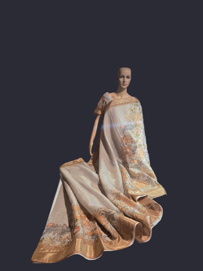 Exclusive Pure Tissue Silk Linen Hand Work Saree | Applique Work  Embroidery Saree buy from USA| Party Wear USA