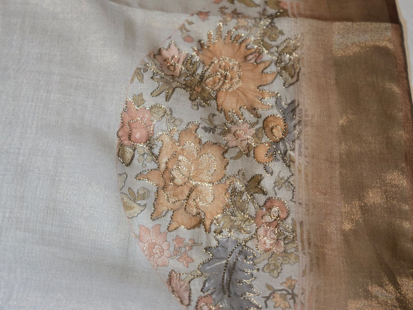 Exclusive Pure Tissue Silk Linen Hand Work Saree | Applique Work  Embroidery Saree buy from USA| Party Wear USA