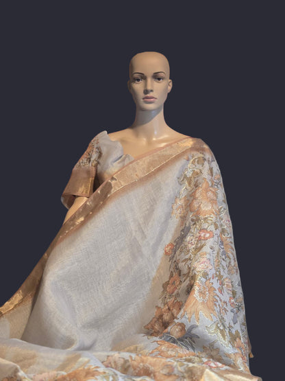 Exclusive Pure Tissue Silk Linen Hand Work Saree | Applique Work  Embroidery Saree buy from USA| Party Wear USA