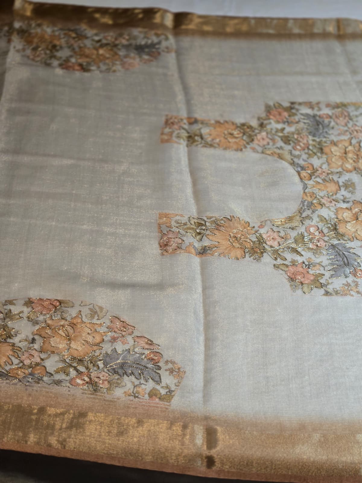 Exclusive Pure Tissue Silk Linen Hand Work Saree | Applique Work  Embroidery Saree buy from USA| Party Wear USA