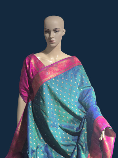 Pure Soft Paithani Silk Saree with Contrast Weaving Border & Rich Pallu – Shipped from USA